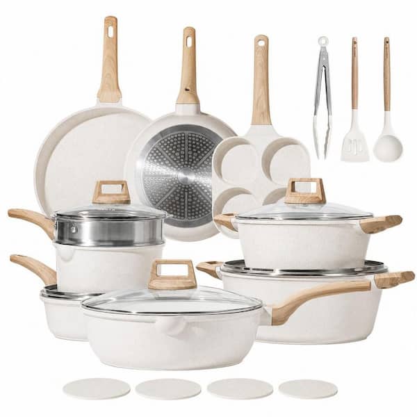 21-Piece Cream White Die-Cast Aluminum Nonstick Cookware Set, White Granite Induction Cookware Non Stick Cooking Set