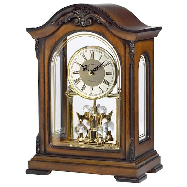 Bulova B1845 Durant Walnut Brown Wood and Glass Revolving Pendulum Clock