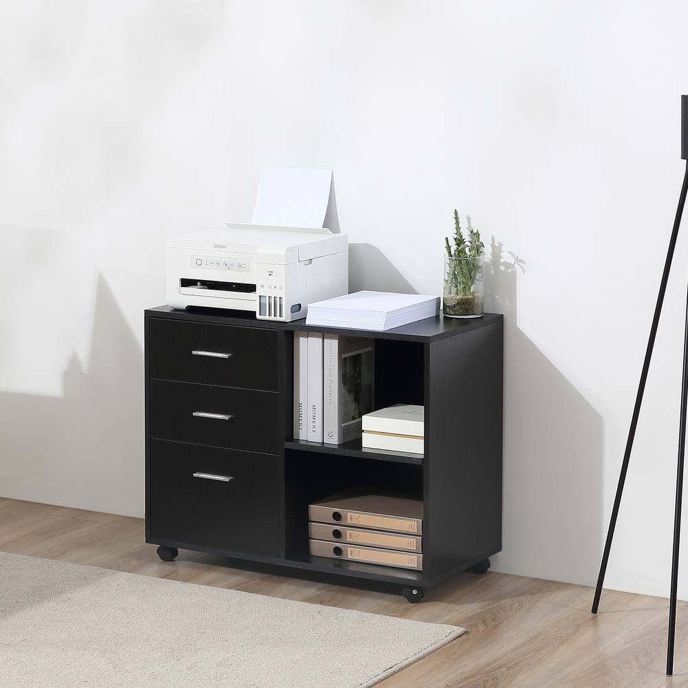 Buy modern black office filing cabinet with 3 storage drawers open