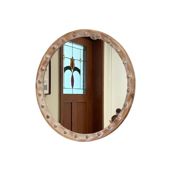 23.62 in. W x 23.62 in. H Round Wood Framed Wall Mount Bathroom Vanity Mirror in Natural Distressed Finish