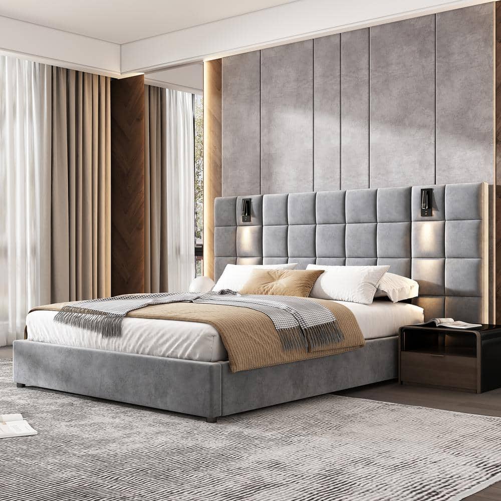 Gdf Studio Luxurious Velvet Queen Bed with USB Port Reading Lamp Grey
