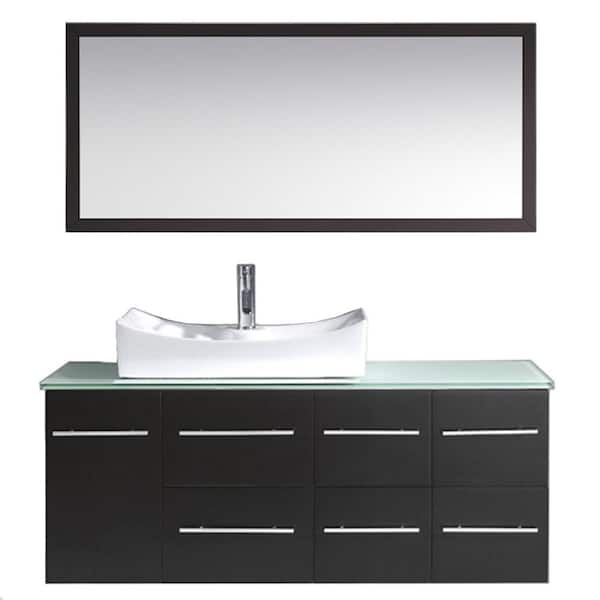 Virtu USA Ceanna 54 in. W Bath Vanity in Espresso with Glass Vanity Top in Aqua with Square Basin and Mirror