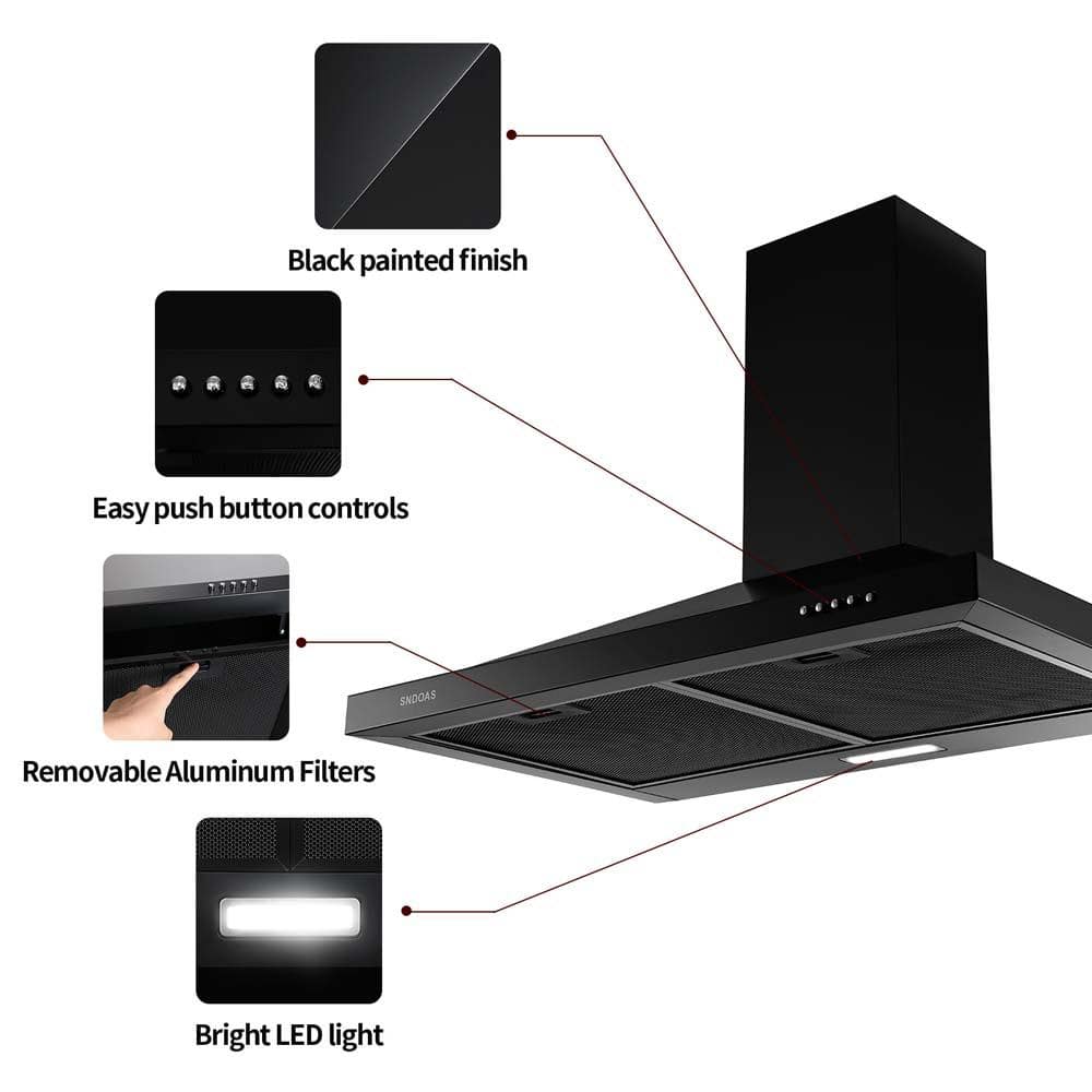 30-Inch Black Stainless Steel Wall Mount Range Hood with LED Lamp