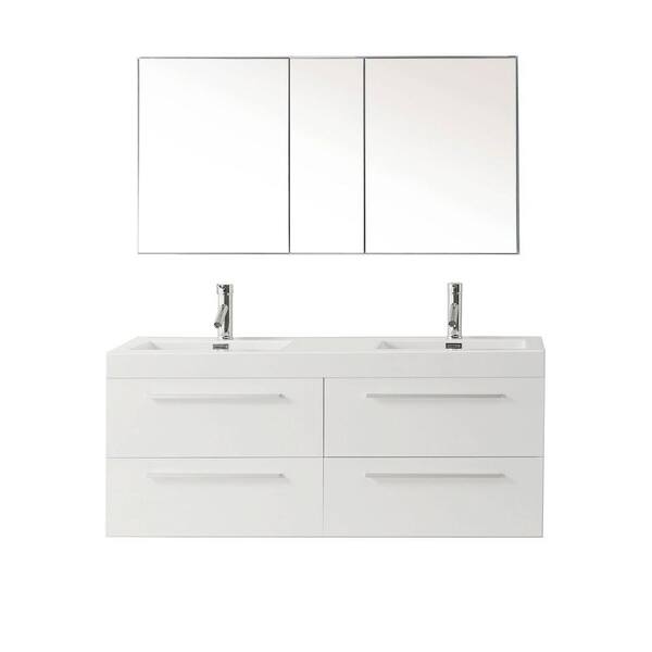 Virtu USA Finley 55 in. W Bath Vanity in Gloss White with Polymarble Vanity Top in White Polymarble with Square Basin and Faucet