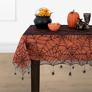 Crawling Halloween Spider Lace Lined 60 in. W x 84 in. L Black/Orange Tablecloth