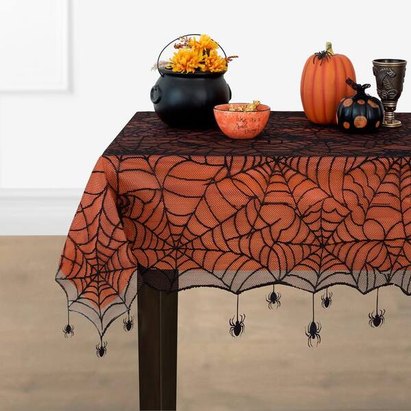 Elrene Crawling Halloween Spider Lace Lined 60 in. W x 84 in. L Black/Orange Tablecloth