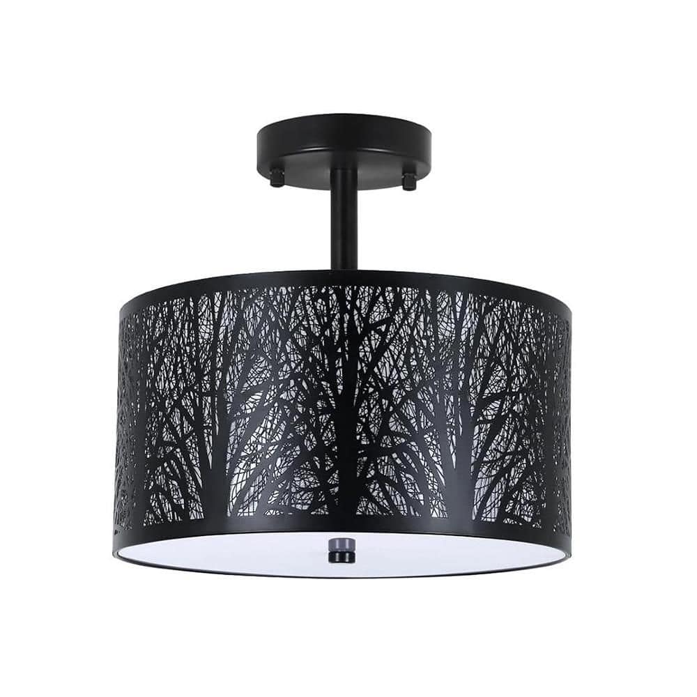 11.8 in. 3-Light Black LED Semi-Flush Light with Etched Pattern Shade, No I