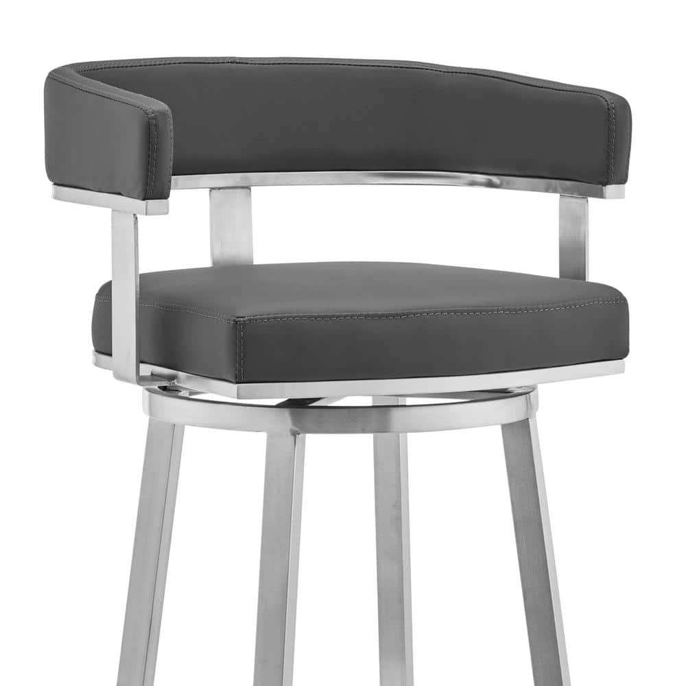 Gray Faux Leather Swivel Bar Stool with Stainless Steel Frame