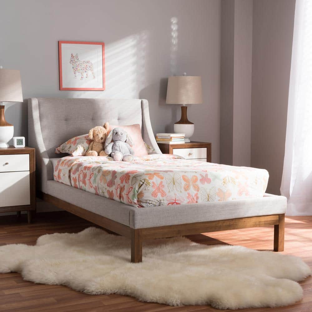 Chic Louvain Twin Platform Bed with Tufted Upholstered Headboard in Greyish Beige