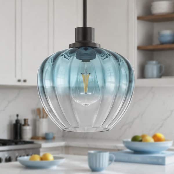 Rayhome 9 in. 1-Light Blue Ribbed Shade Pendant Hanging Light with Gradient Blue Glass for Kitchen Island,Dining Bedroom