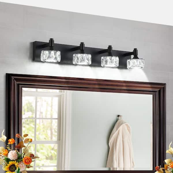 28 in. 4-Light Matte Black Modern LED Vanity Light with Crystal Glass Shade for Bedroom