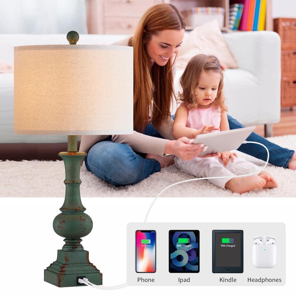 Distressed Dark Green 25.5'' Touch Table Lamps Set with Fabric Shades