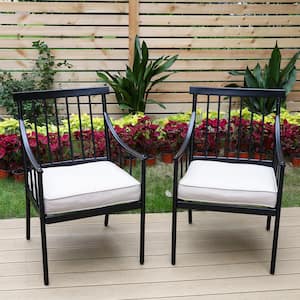Ergonomic Black Metal Stylish Patio Outdoor Dining Chair with Beige Cushion (2-Pack)