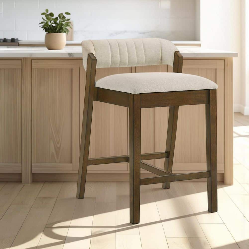 Landyn 26 in. Ecru/Sepia Brown Rubberwood Bar Stool with Fabric Seat
