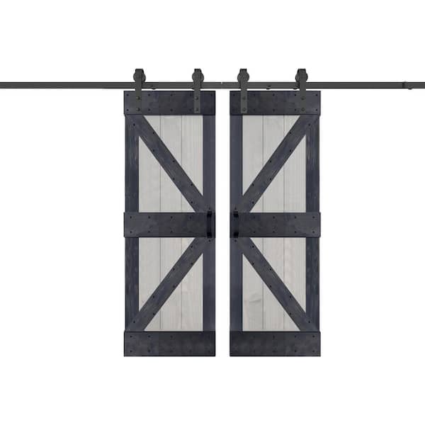 ISLIFE K Series 60 in. x 84 in. French Gray/Carbon Gray Finished DIY Solid Wood Double Sliding Barn Door With Hardware Kit