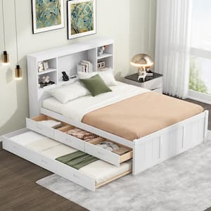 Antique White Wood Frame Full Platform Bed with Twin Trundle, 3-Drawers, USB Charging, Storage Headboard with Shelves
