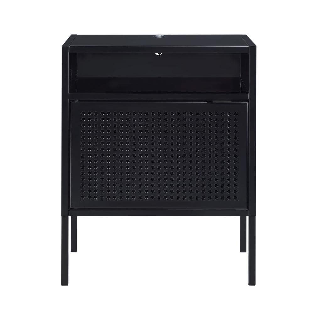 Gemma Black Metal Nightstand with USB Port and Open Shelf