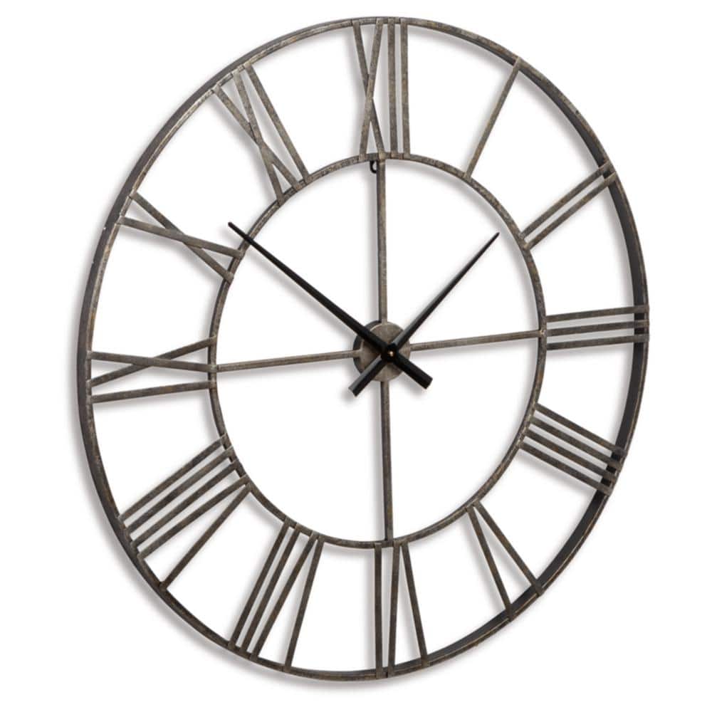 Oversized Antique Silver Metal Roman Numeral Wall Clock