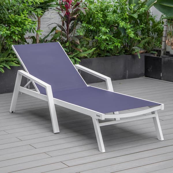 Marlin Outdoor Patio Chaise Lounge Chair with Arms in White Aluminum Reclining Backrest Mesh Sling Seat in Navy Blue