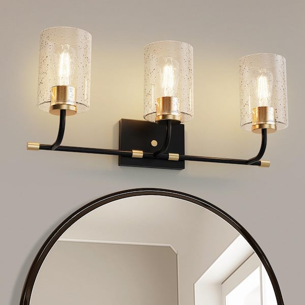 YANSUN 24 in. 3-Light Black Vanity Light with Clear Cylinder Glass Shades for Bathroom, Living Room, Entryway