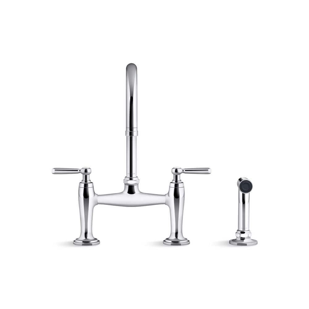 Edalyn Polished Chrome Two-Hole Bridge Kitchen Faucet with Side Sprayer