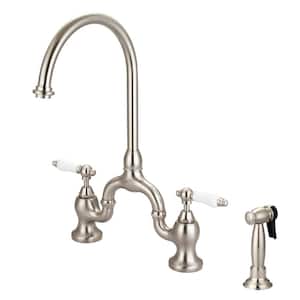 Banner Two Handle Bridge Kitchen Faucet with Porcelain Lever Handles in Brushed Nickel