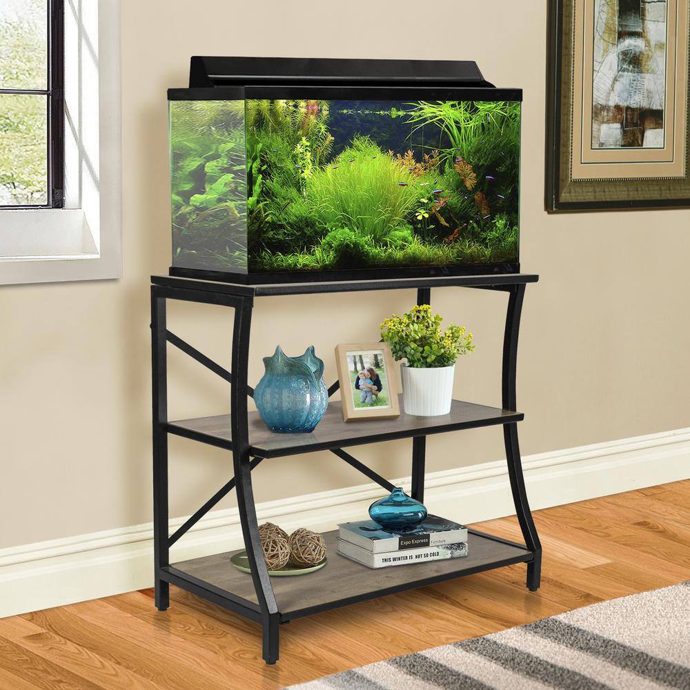 Gray and Black Metal and Wood 3-Tier Aquarium Stand