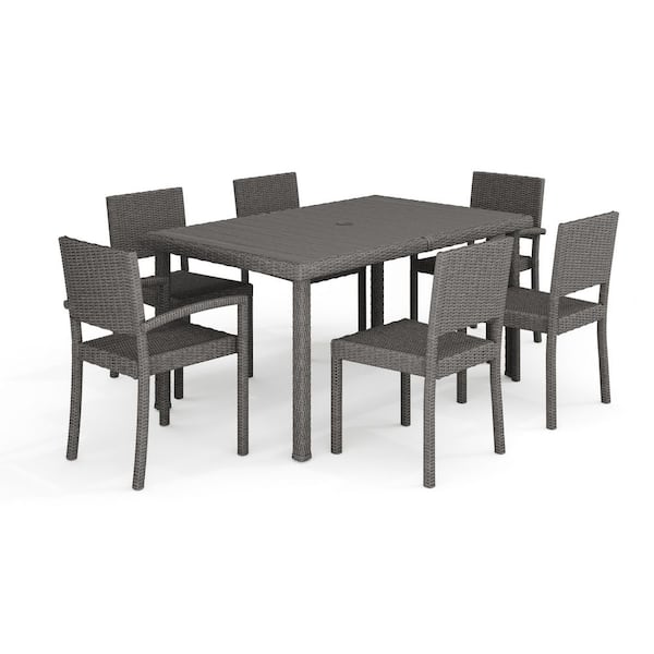 Bedford Gray Rattan Wicker 7-Piece Indoor-Outdoor Dining Set with 6 Stackable Dining Chairs and 60 in. Patio Table