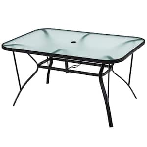 Steel Rectangle Outdoor Dining Table with Umbrella Hole and Tempered Glass Tabletop
