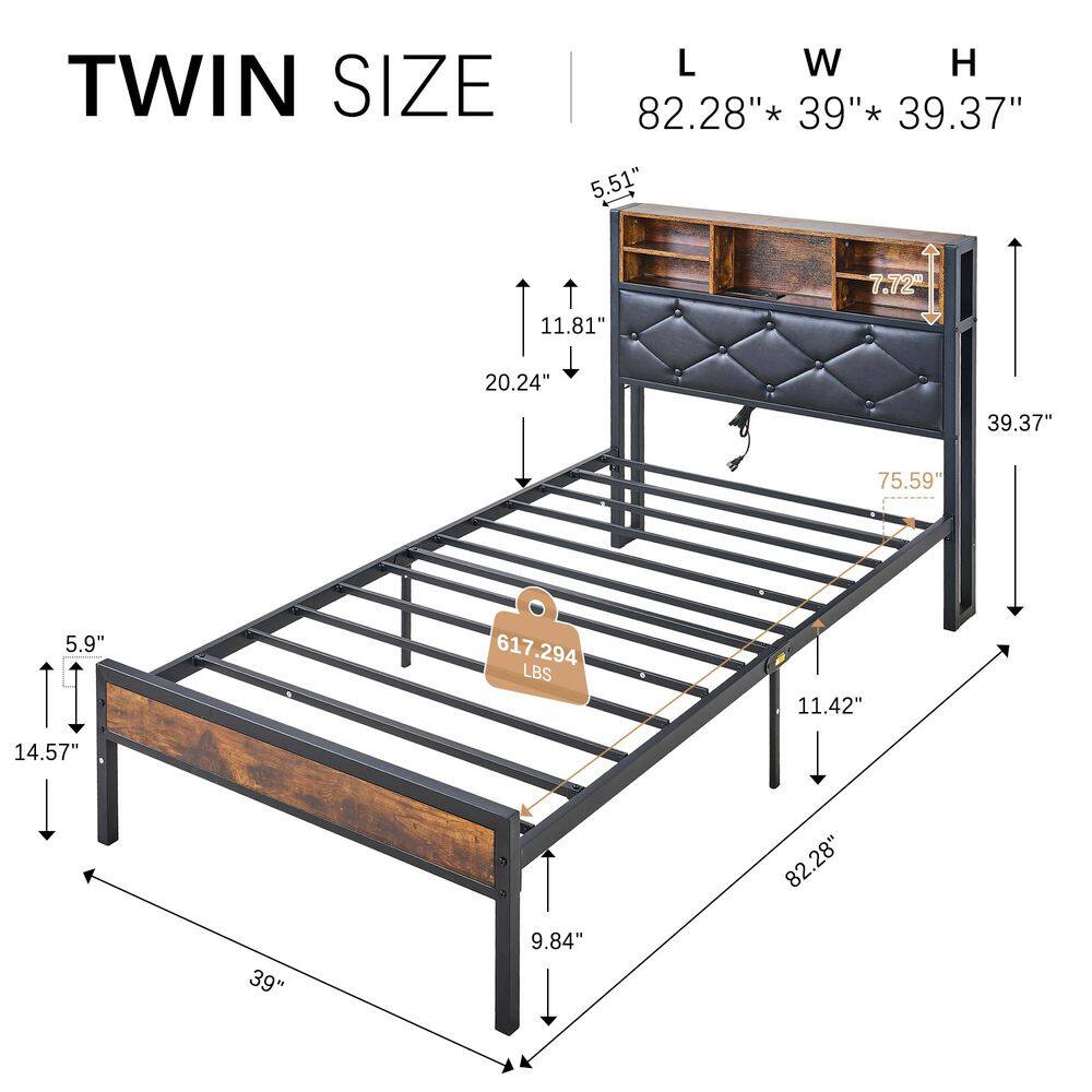 Bed Frame with Headboard, Brown Metal Frame Queen Platform Bed with USB Charging, LED Lights, No Box Spring Needed - thumbnail 5