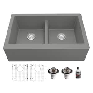 QA-750 Quartz/Granite 34 in. Double Bowl 50/50 Farmhouse/Apron Front Kitchen Sink in Grey with Grid and Strainer