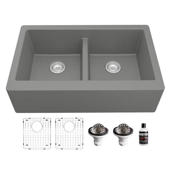 Karran QA-750 Quartz/Granite 34 in. Double Bowl 50/50 Farmhouse/Apron Front Kitchen Sink in Grey with Grid and Strainer
