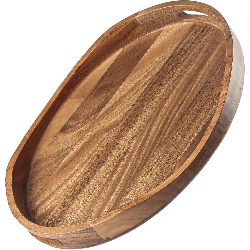 17 in. x 13 in. Brown Acacia Wood Round Decorative Ottoman Tray (1-Pack)