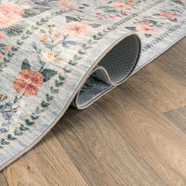 Floral Garden Coastal Blue Machine Washable Non-Slip Backing 5 ft. x 7 ft. Blue Area Rug