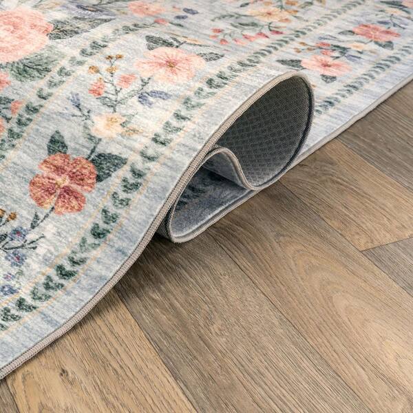 Floral Garden Coastal Blue Machine Washable Non-Slip Backing 8 ft. x 10 ft. Blue Area Rug