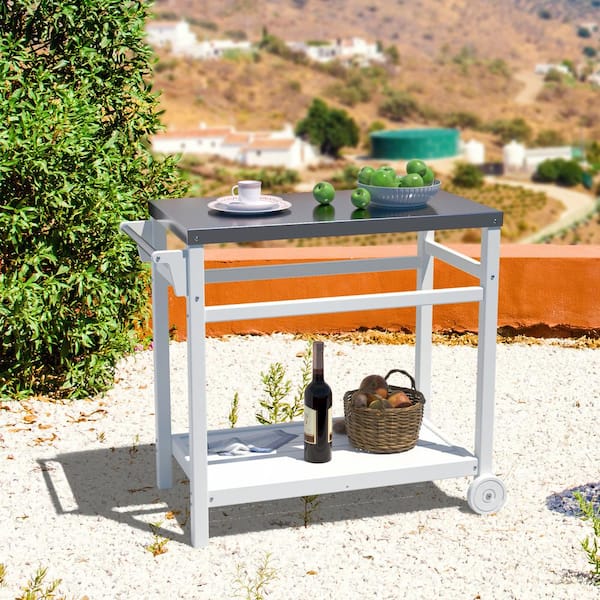 Unbranded 34 in. Outdoor Prep Cart Dining Table for Pizza Oven, Patio Grilling Backyard BBQ Grill Cart in White