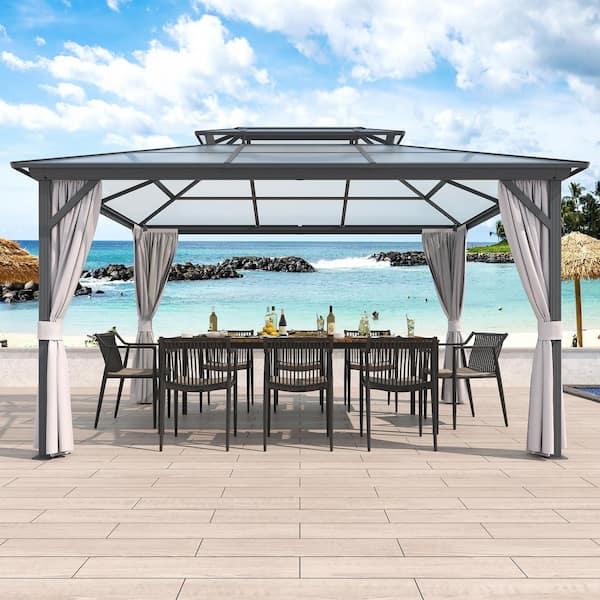 13 ft. x 10 ft. Polycarbonate Double Top Gazebo Gray Aluminum Outdoor Hardtop Gazebo with Curtains and Netting
