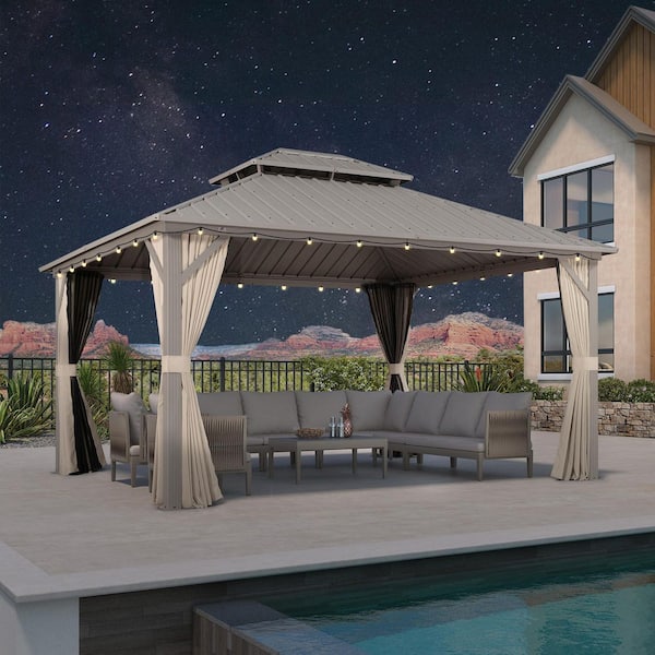 12 ft. x 14 ft. Champagne Aluminum Hardtop Gazebo Canopy with Galvanized Steel Double Roof, Curtains and Netting24-Light