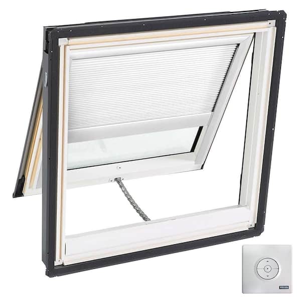 VELUX 30-1/16 in. x 30 in. Solar Powered Venting Deck-Mount Skylight w/ Laminated Low-E3 Glass and White Light Filtering Blind