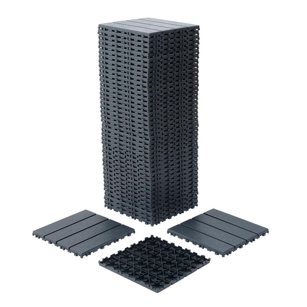 12 in. x 12 in. Plastic Dark Grey Square Stripe Interlocking Floor, Patio D