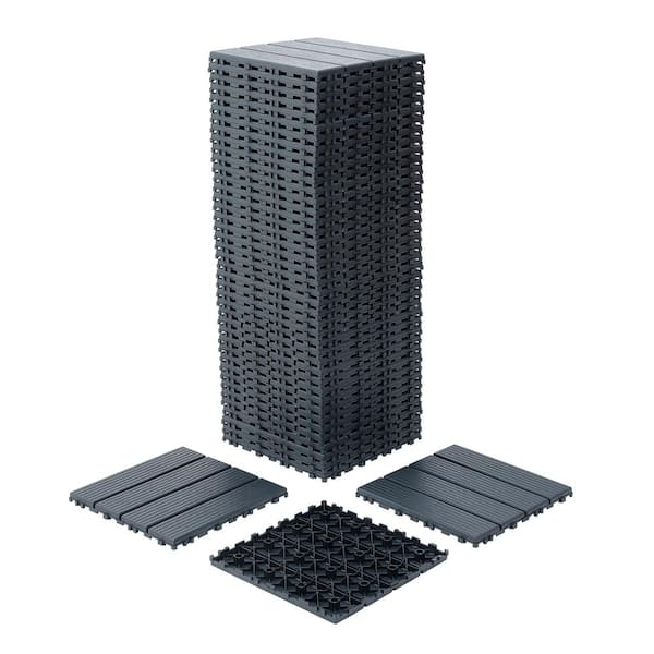 FIROMO 12 in. x 12 in. Plastic Dark Grey Square Stripe Interlocking Floor, Patio Deck Tiles (44-Pack)