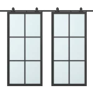 72 in. x 84 in. 6-Lite Frosted Glass Black Aluminum Frame Interior Double Sliding Barn Door with Hardware Kit