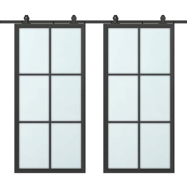 CALHOME 72 in. x 84 in. 6-Lite Frosted Glass Black Aluminum Frame Interior Double Sliding Barn Door with Hardware Kit