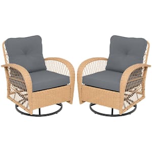 2--Piece Beige Wicker 360° Swivel Outdoor Rocking Chair with Dark Gray Cushion