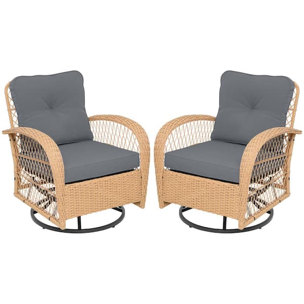 PATIOGUARDER 2--Piece Beige Wicker 360° Swivel Outdoor Rocking Chair with Dark Gray Cushion