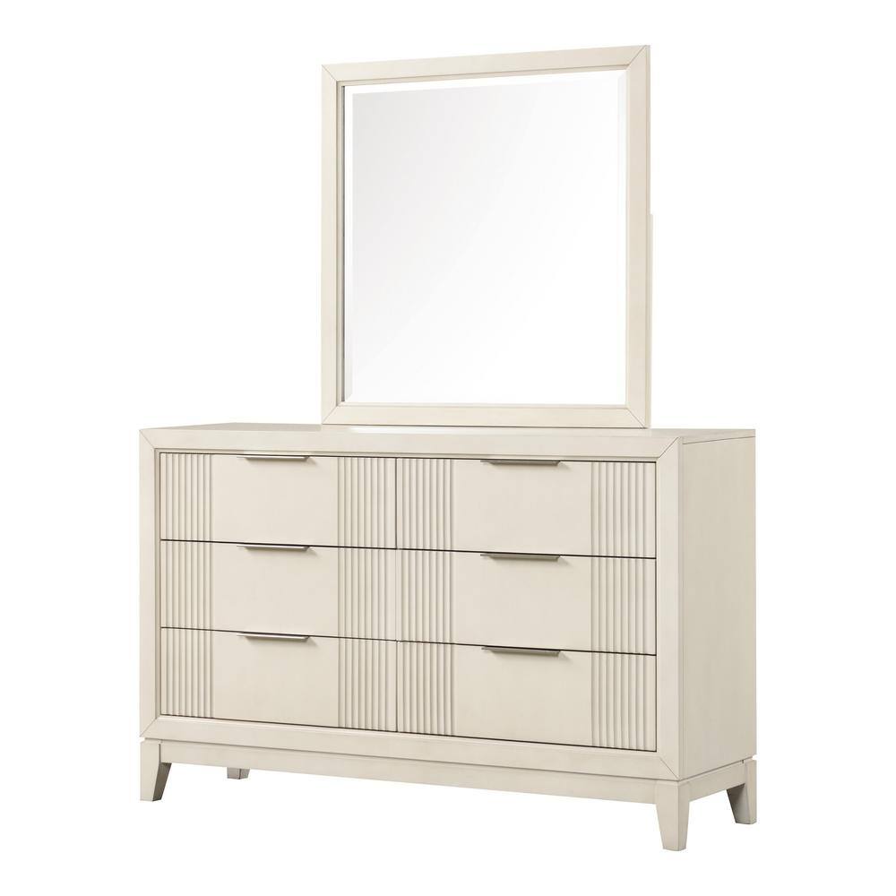 Antique White Wood 6-Drawer Dresser with Mirror