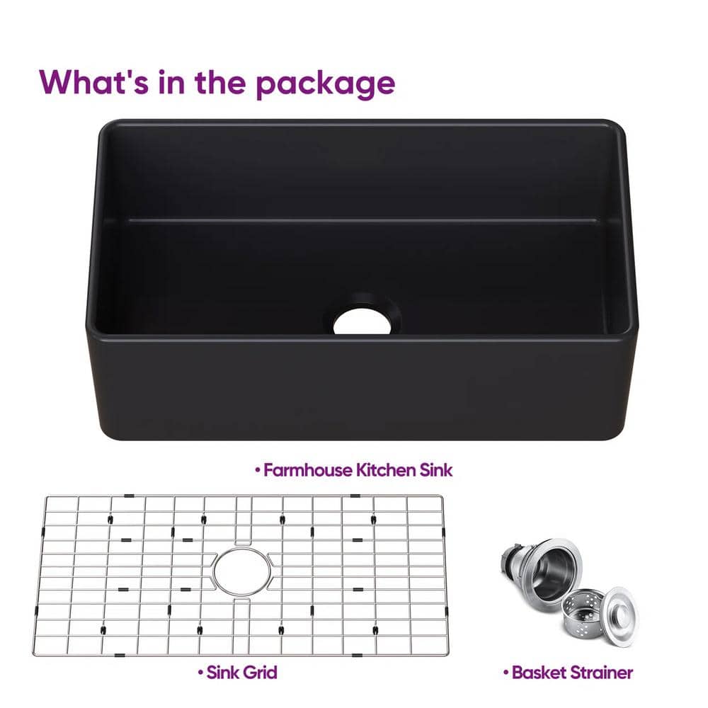 Matte Black Fireclay Farmhouse Kitchen Sink with Grid and Strainer