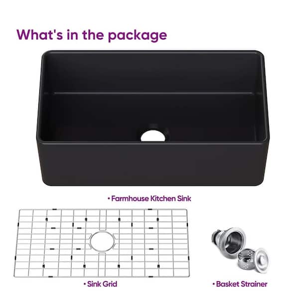 Matte Black Fireclay 33 in. Single Bowl Farmhouse Apron Workstation Kitchen Sink with Bottom Grid and Strainer