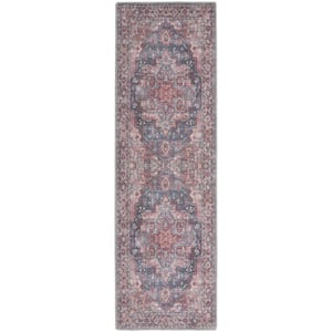 Red 2 ft. x 10 ft. Floral Power Loom Distressed Washable Runner Rug
