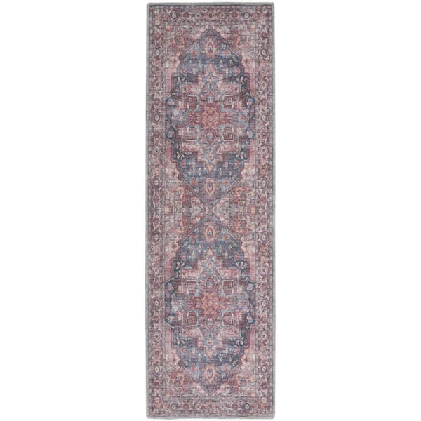 HomeRoots Red 2 ft. x 10 ft. Floral Power Loom Distressed Washable Runner Rug